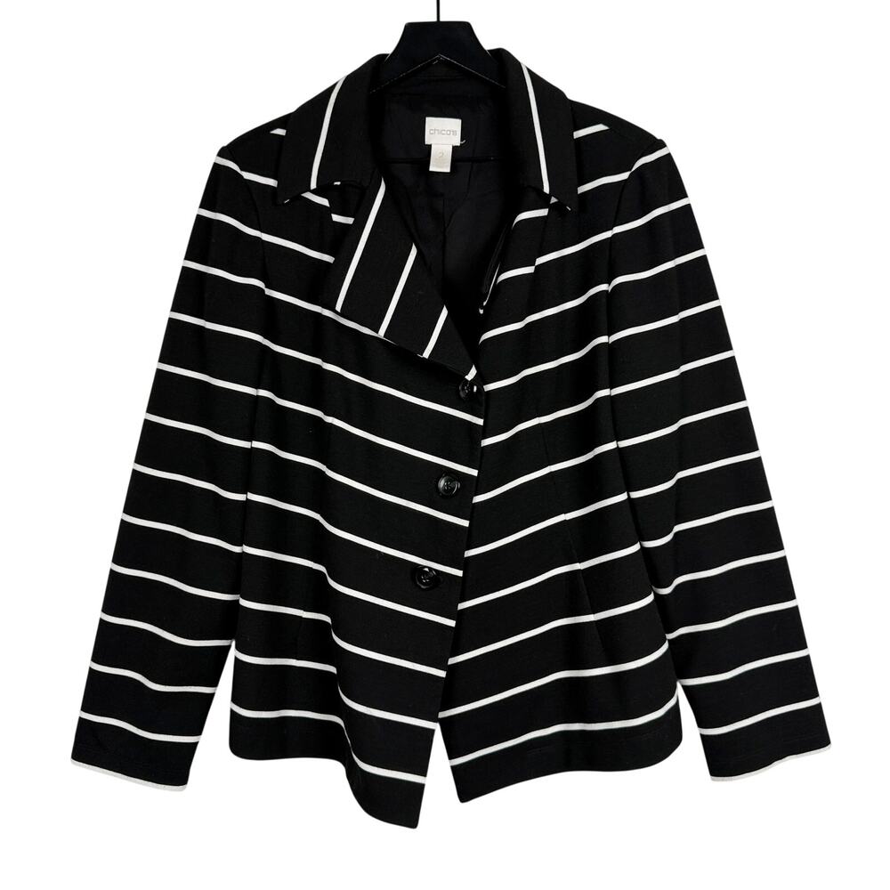 Chico's Black White Stripe Ponte Jacket Buttoned Front - Size 2 Large